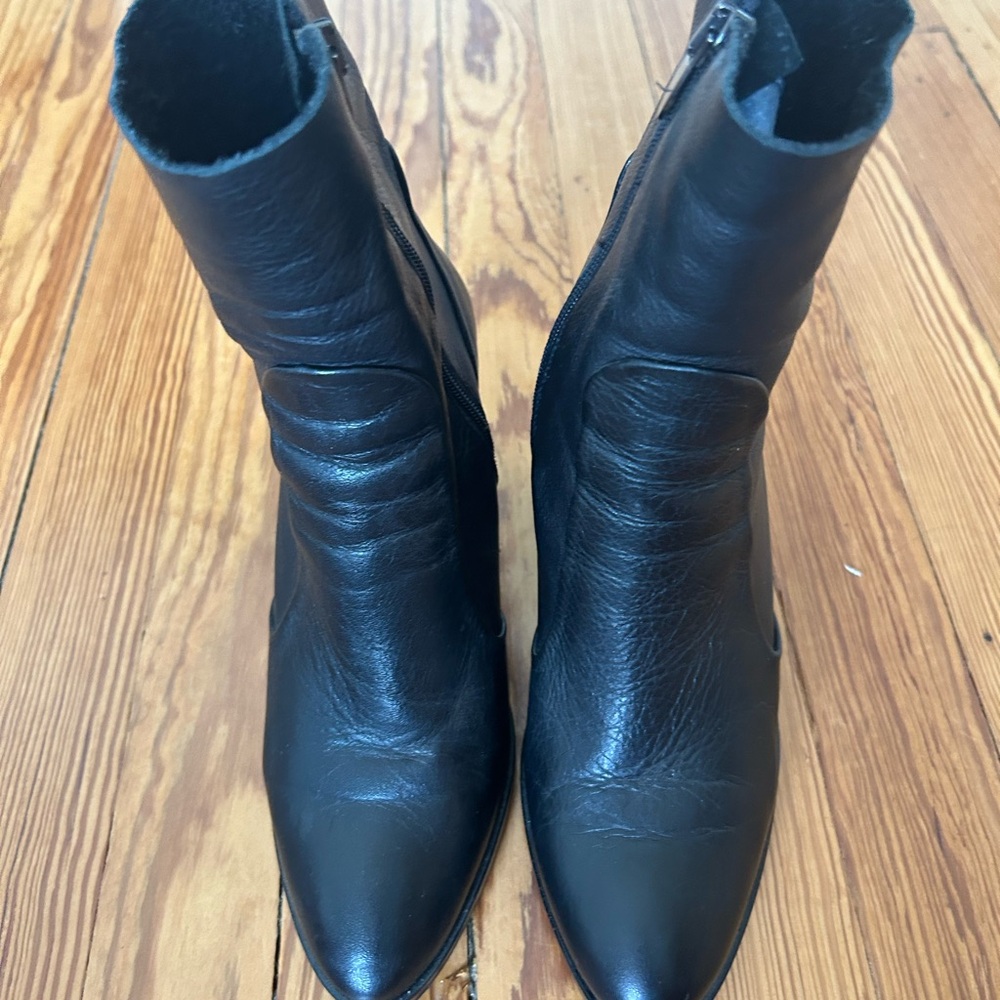 Crosswalk Spain Black Leather Sock Boot Ankle Chunky Block Heel